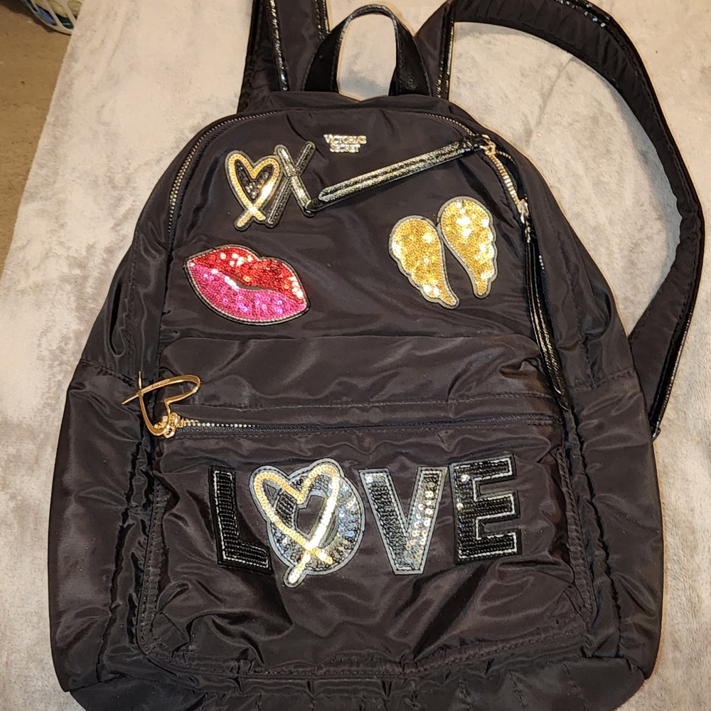 Victoria's Secret Black and Gold Backpack with Patches And Embellishments